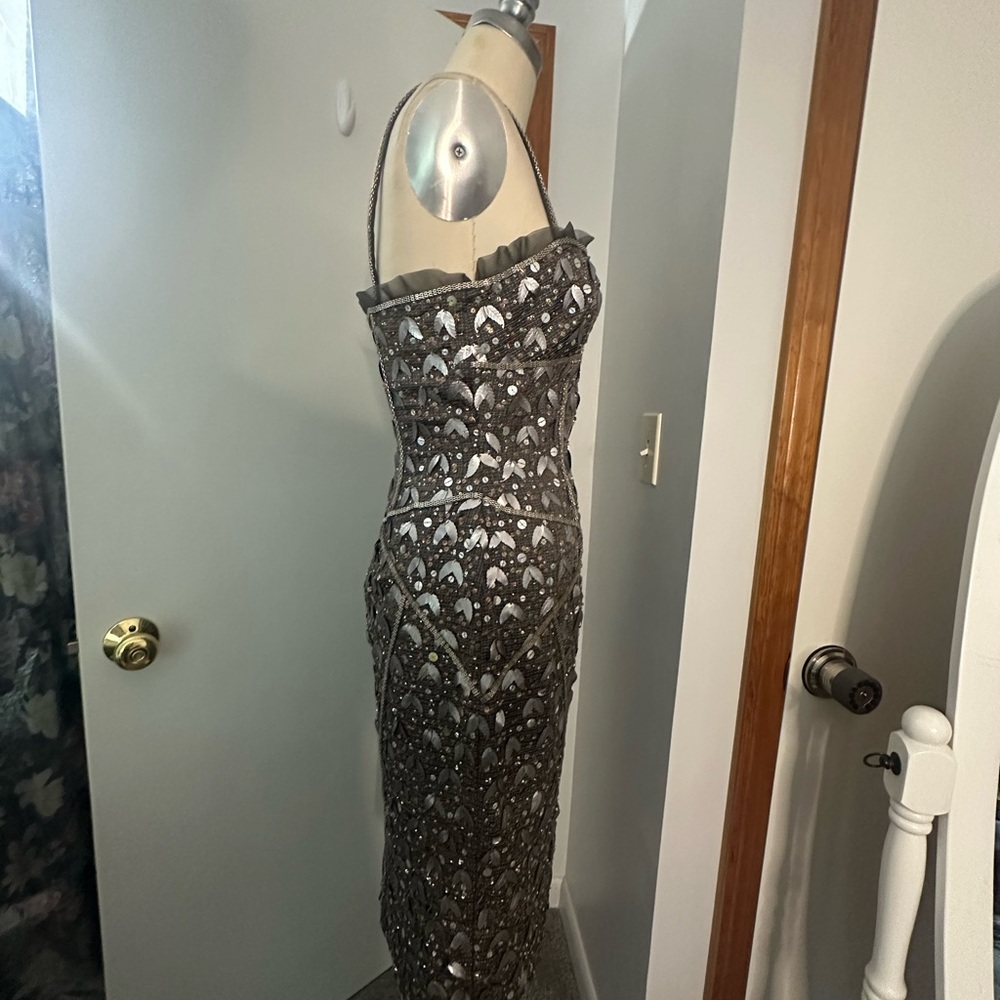 Vintage MANDALAY Gunmetal Beaded Corset Leaf Embellished Midi Dress S/M - Picture 14 of 16